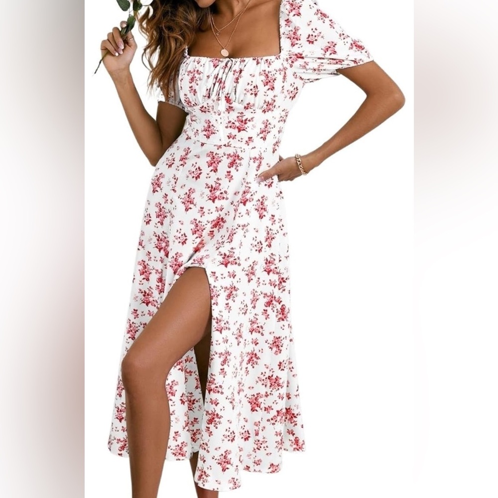 White & Pink Floral Puff Sleeve, Size L